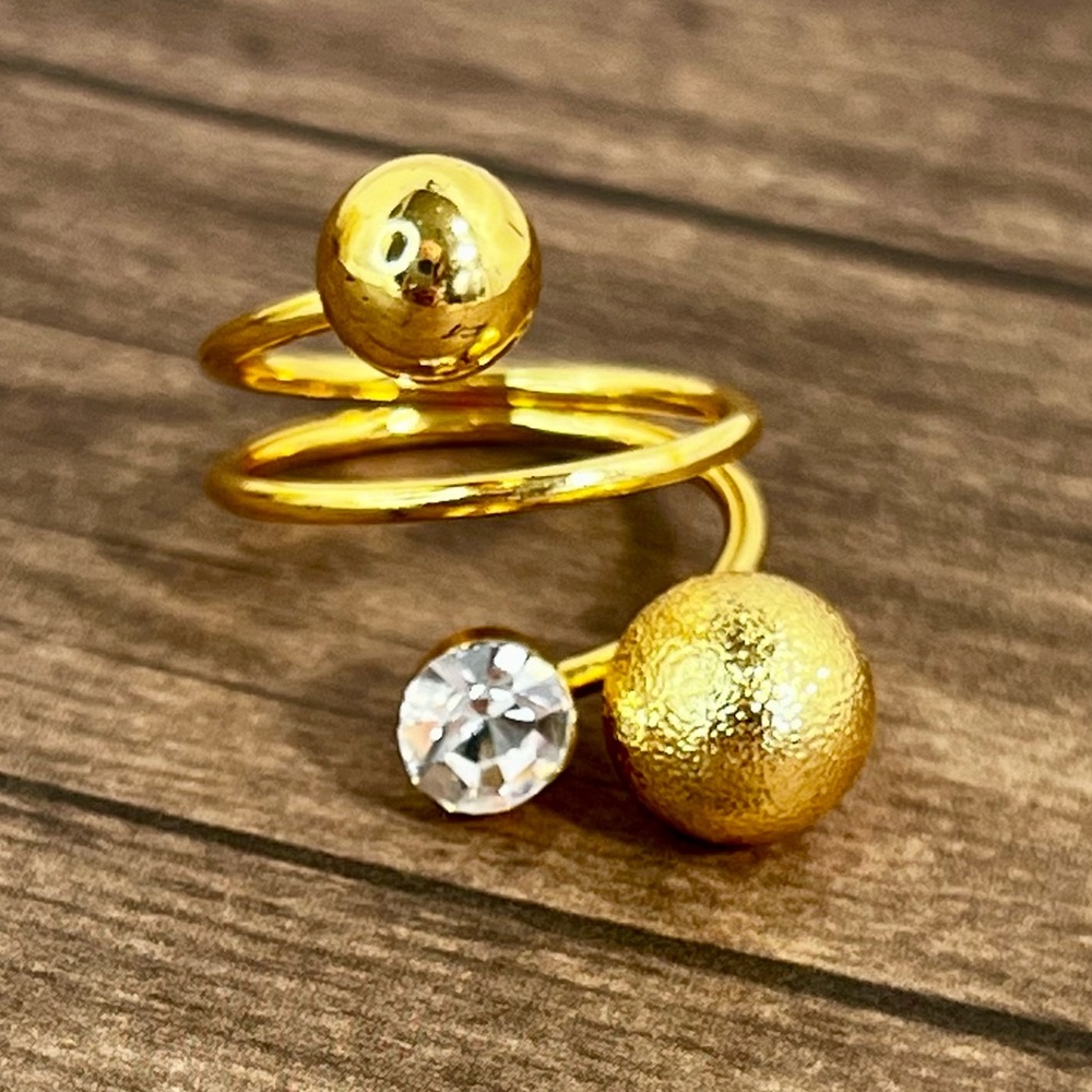 Gold Double Ball Rhinestone Crystal Diamond Adjustable Rhinestone Ring NEW